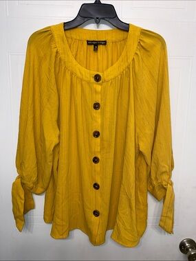 Always Indigo mustard flowy blouse 2X